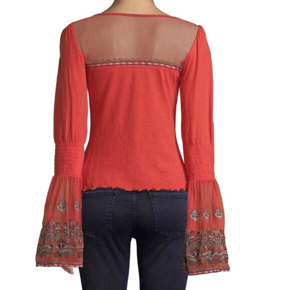 Free People High Tides Embroidered Mesh Bell Sleeve Top Coral Boho Sheer Size S - Picture 12 of 13